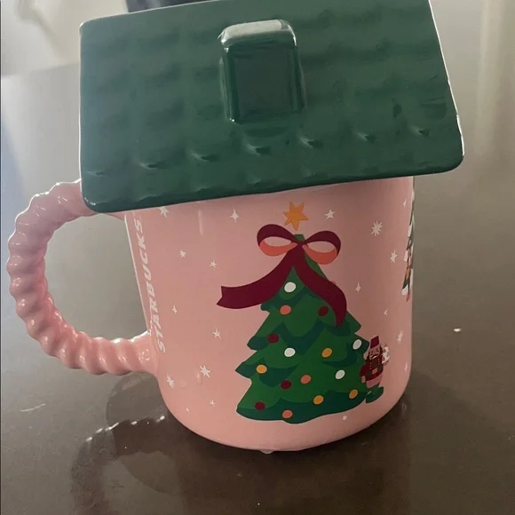 Starbucks 2025 Pink Holiday Gingerbread Mug with Green Roof Lid - Picture 3 of 5